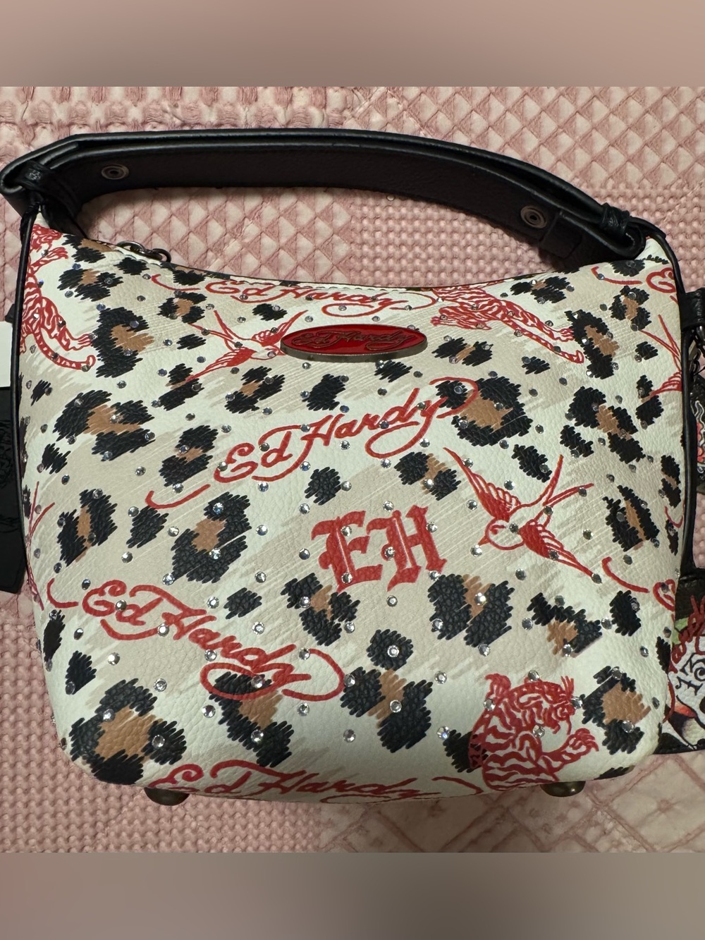 NWT Ed Hardy Leopard Tattoo Print Rhinestone Shoulder Bag with Bag Charms Y2K